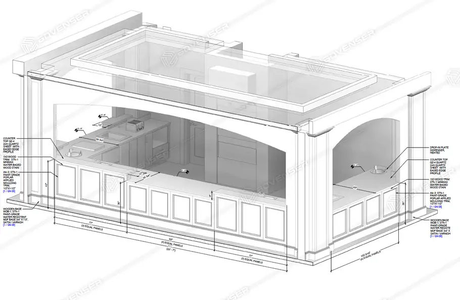 Millwork shop drawings for an exhibition kitchen