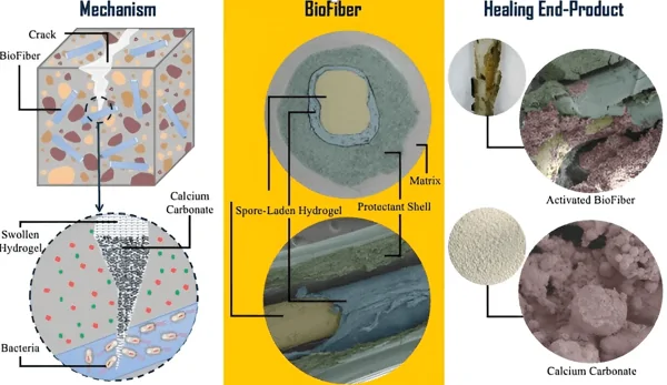 Bacteria coated fibers leading to self-healing concrete.